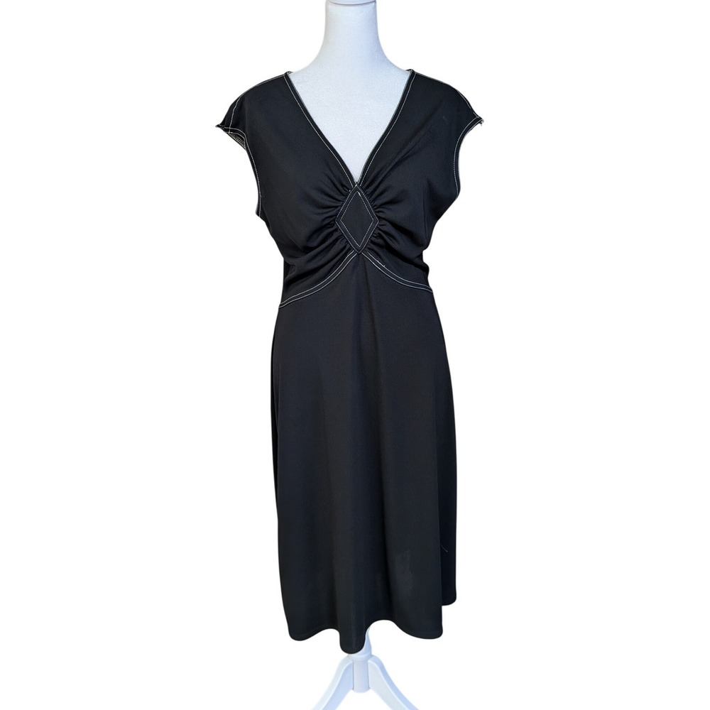 Vintage Y2K BCBG Paris‎ Black Contrast Stitch V-Neck Midi Dress Medium